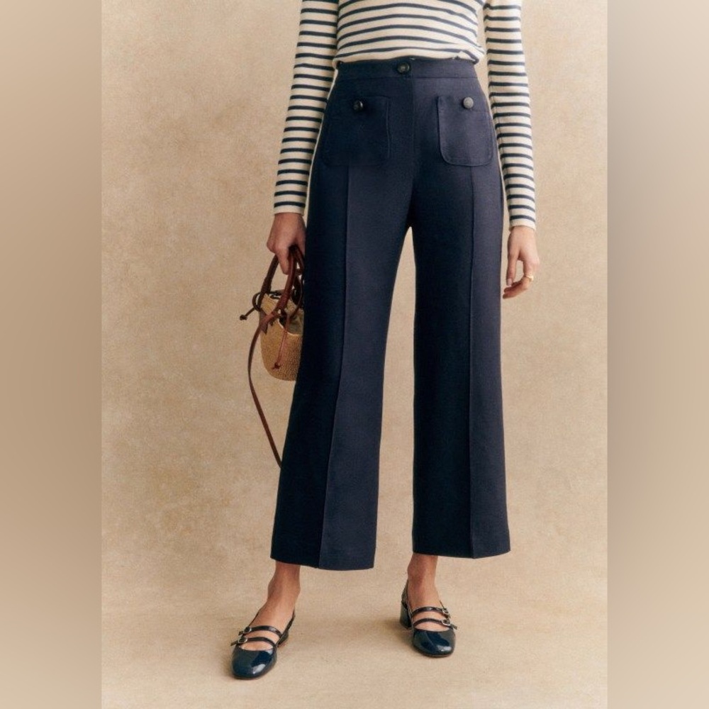 Sezane Emilio Dan Cropped Pintuck Wool Trousers Navy Blue | size 46 fits 44/12